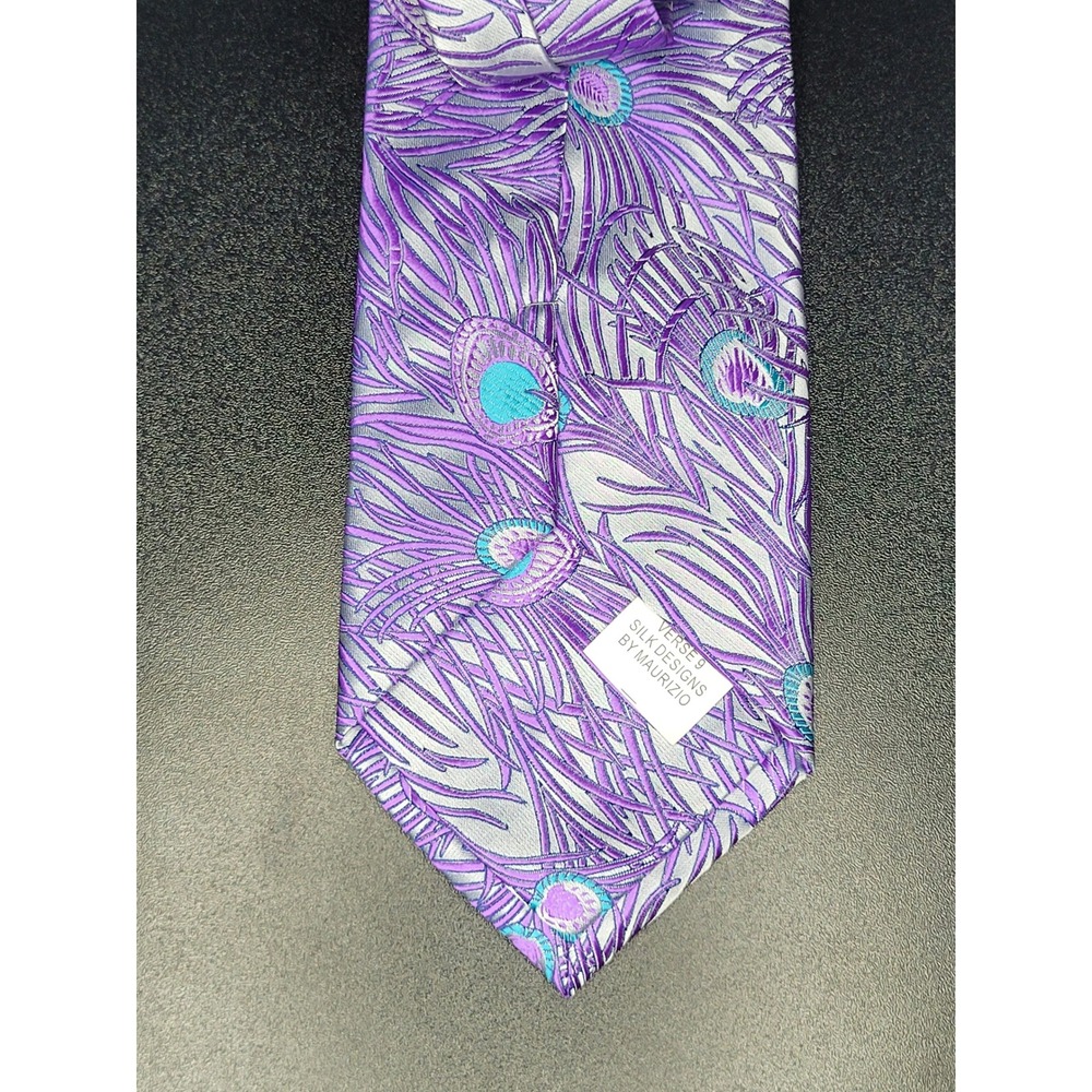 Verse 9 Necktie Purple Gray Teal Peacock Feather Silk Excellent - Picture 2 of 4